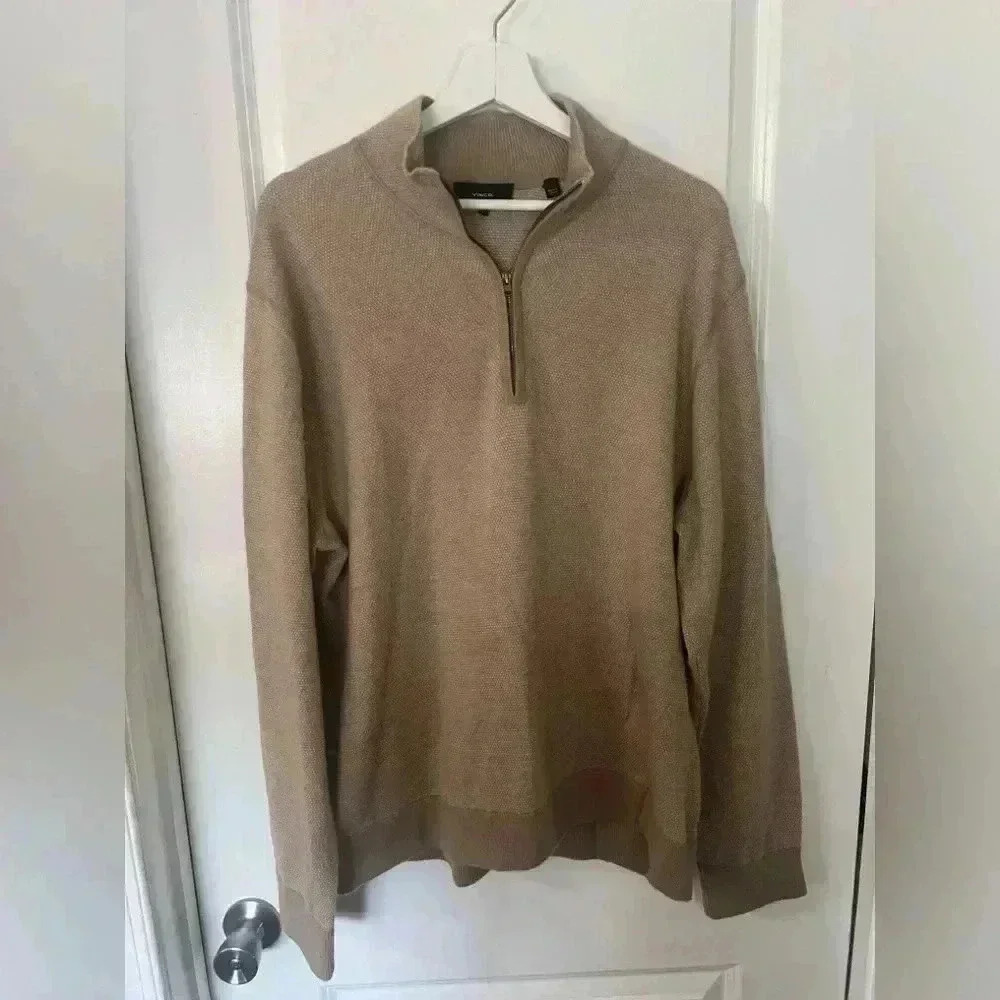 Vince Men's V-Neck Half-Zip Sweater in Beige